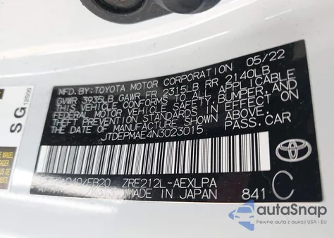 2022 Toyota Corolla Le z USA, uszkodzony, nr VIN JTDEPMAE4N3023015